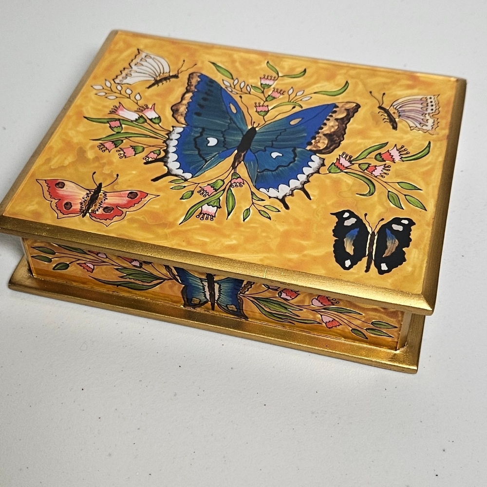 Reverse Butterfly Painted Keepsake Jewelry Box Peru Glass Wood